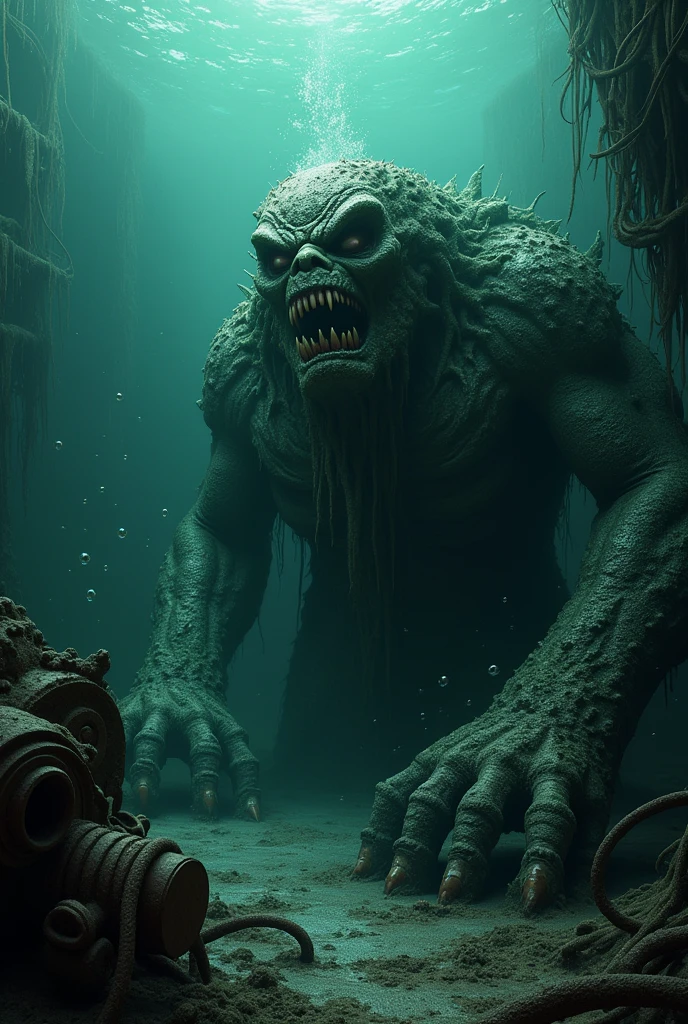 A terrifying deep-sea scene featuring a sunken, monstrous statue of an ancient deity. The statue has a grotesque, twisted face with sharp, cracked teeth, and is covered in thick layers of algae and barnacles. Its large, clawed hands reach out menacingly, partially buried in the ocean floor. Surrounding it are the rusted remains of old, decayed machinery and eerie, tangled seaweed. The murky water is filled with shadows, with faint rays of light barely penetrating the gloom. Small water bubbles rise ominously around the statue, while subtle water effects add to the eerie, suffocating atmosphere.