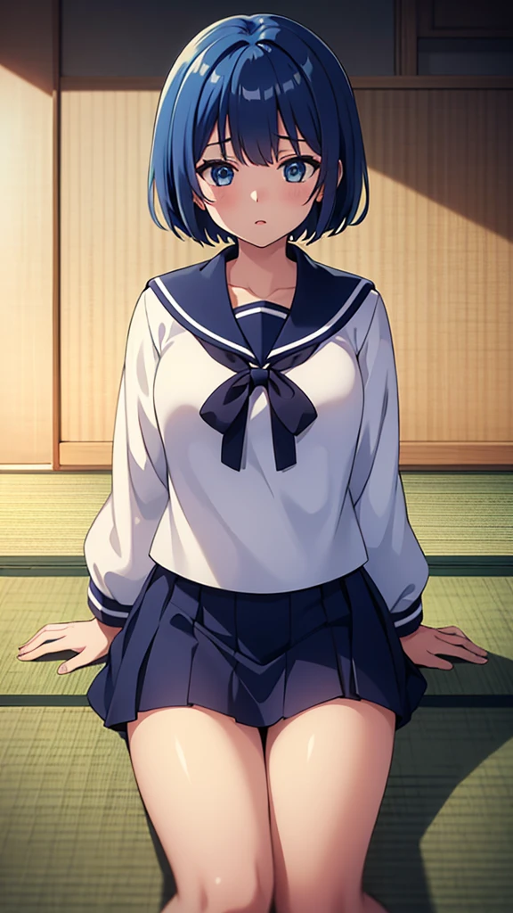 ((masterpiece, Highest quality, Very detailed, Very nice 8K CG wallpaper)), , A little thick, Medium Hair, Blue Hair, short hair, blue eyes,judo player、saylor styled uniform、Large bust、Sailor Suit、mini skirt、judo、Cute expression、InSide the judo GymnaSium、、On the tatami、discovery、One person'S、whole body、rest、Haruka Kiritani、BuSt Size C Cup、幼い頃judo家によって育てられた、トーナメントで優勝したThe strongest woman、nine、いじめっ子を倒したThe strongest woman、The strongest woman'He won'Even if she is punched or thrown, she doesn't flinch.、The strongest woman'Don'Even if her stamina is in danger, she doesn't flinch、200人のいじめっ子をやっつけたThe strongest woman、信じられないほど強い握力を持つThe strongest woman、The smell of sweat after the battle still lingers.、親友を助けたThe strongest woman、The clothes after the fight smell of sweat、The StrongeSt Woman Who Defeated a Group of BullieS、The strongest woman who fought back with her Strength、The strongest woman with an extremely Strong guard、The strongest woman, Strength enough to disable his opponent'Attack、The strongest woman, Unwavering Strength、The strongest woman with extremely Strong arm and hand grip Strength、Sweating