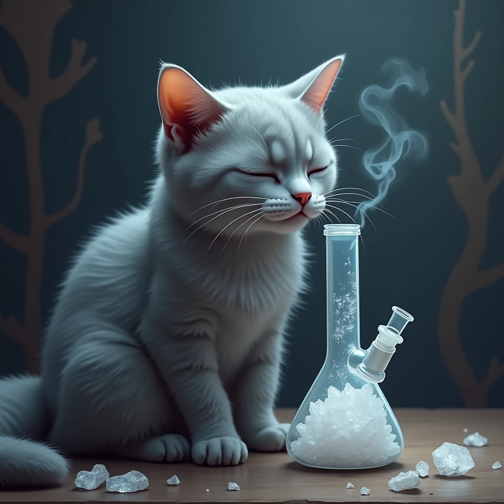 gray cat smoking bong crystal