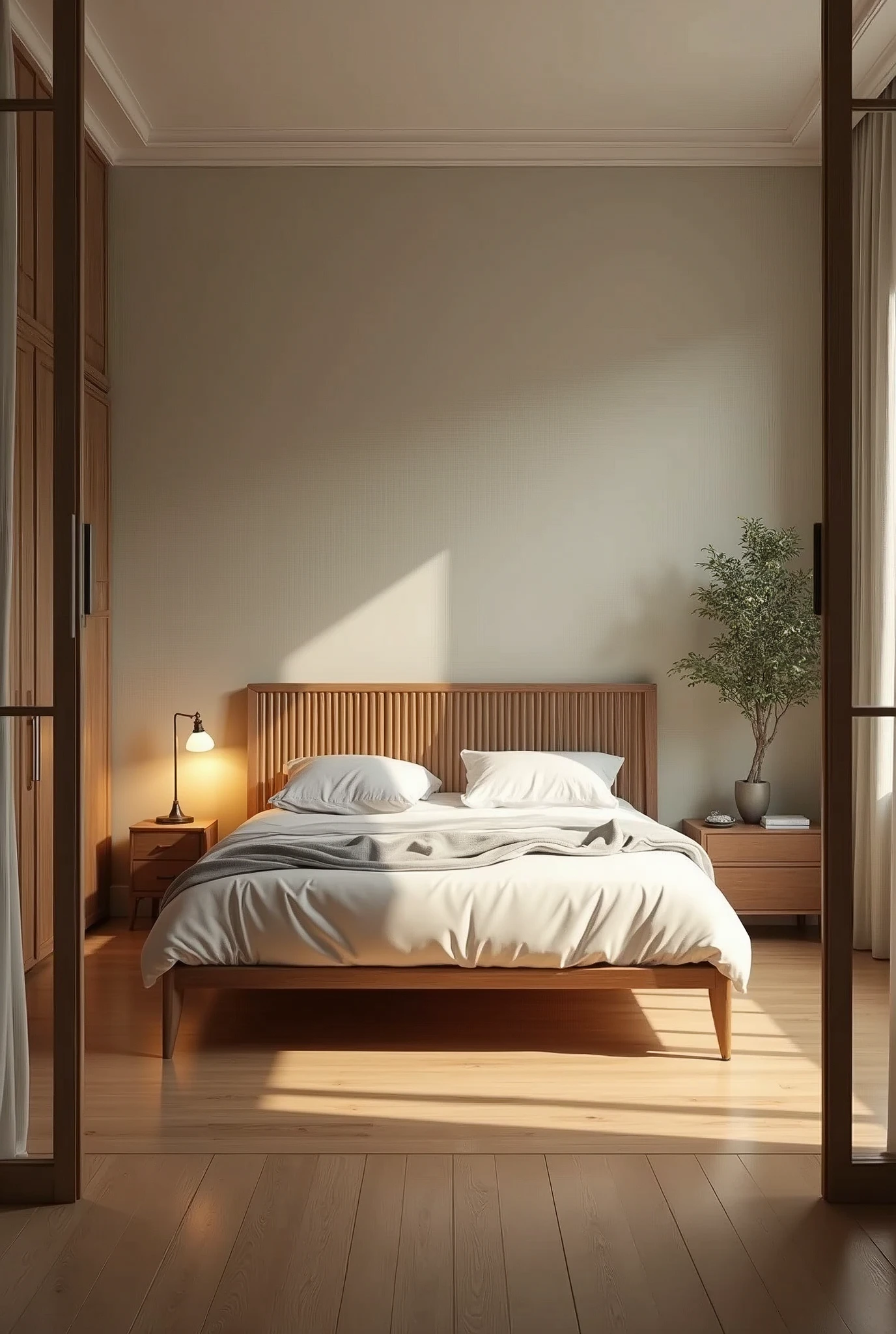 Bedroom with slatted headboard and brown nightstand