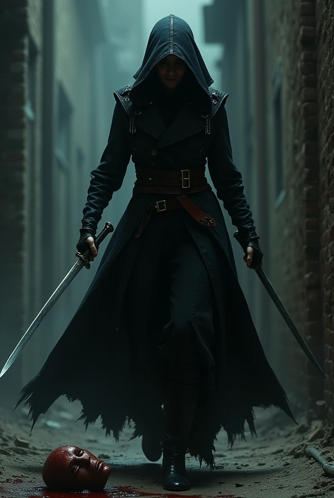 The masked female assassin beheaded her enemy.
