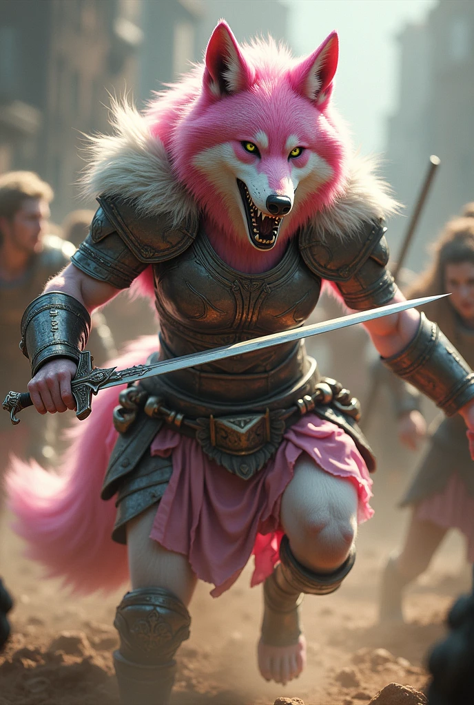 (photorealism:1.2), A full-body pink and white she-wolf wearing armor with feminine Heineken beer breasts, wielding a medieval sword in the full-body battle of the Olympian gods, battling angrily, running, divine Heineken armor. 