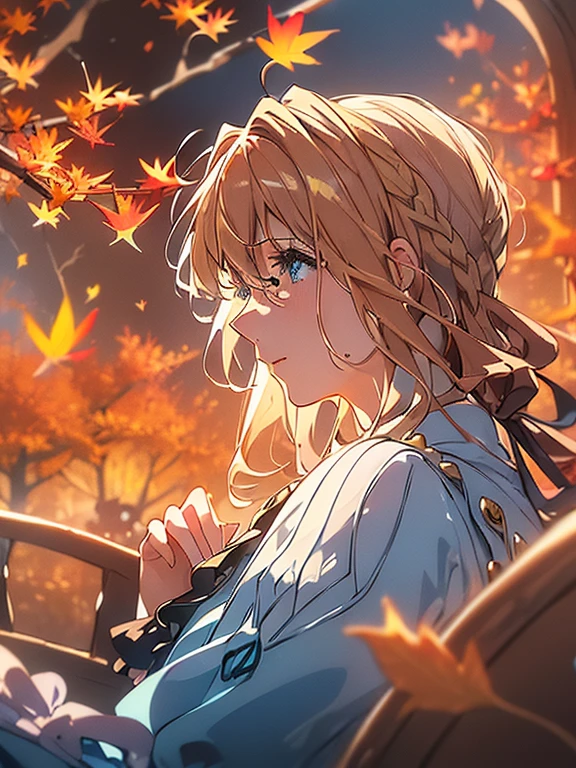 (((Very beautiful autumn scenery:1.3))), (Super detailed face, Highly detailed, Violet Evergarden:1.3), Highly detailed face, Blonde hair, Blue eyes, hair between eye, full body, bow ribbon, Red Ribbon, braid, Hair Ribbon, Blue jacket, Long skirt, Jewelry, Bangs, brooches, anime realism style, White Ascot, autumn leaves, Falling leaves, Withered leaves floating, tree, light leaks, (light particles:1.2, Sparkling landscape), extremely details CG, Perfect beautiful composition, ((masterpiece, best quality, HDR, high resolution))