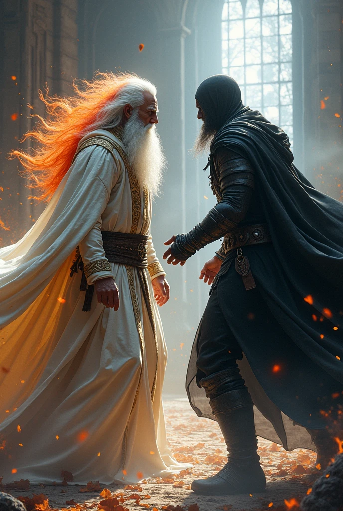 Make a tall old man with white and red hair ,In white medieval clothing, fighting against a man who is wearing black supervillain clothes, has medium-length brown hair and dark energy powers , fair skin
