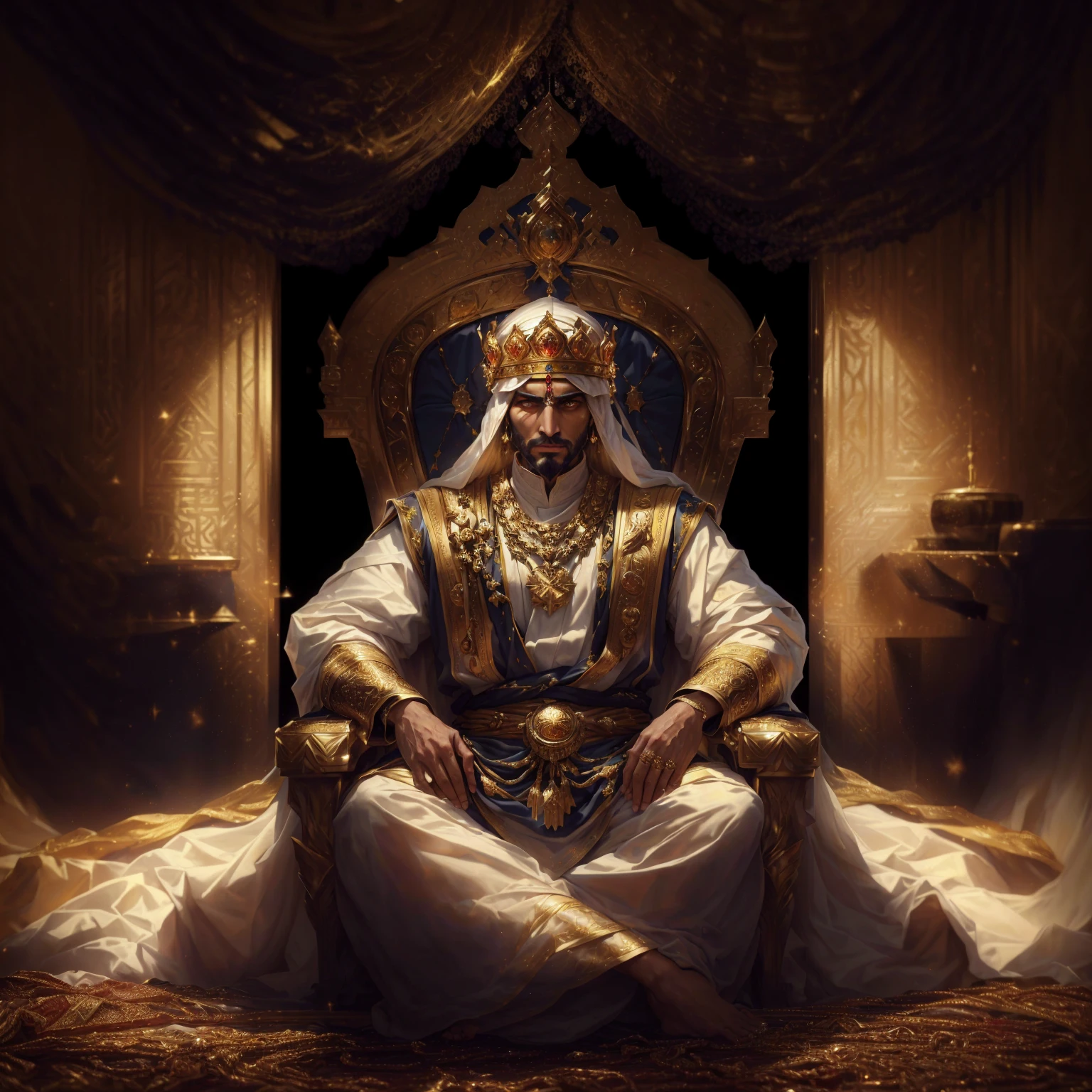 Alafud man sitting on the throne，Wearing a golden crown, portrait of the emperor of mankind, The God-Emperor of Humanity, sitting on a Golden Throne, sitting on Golden Throne, Sitting on his throne, ancient kings in white robes, Sitting on his throne, handsome prince of persia, Golden Throne, sitting in a gilded throne, Portrait of the King