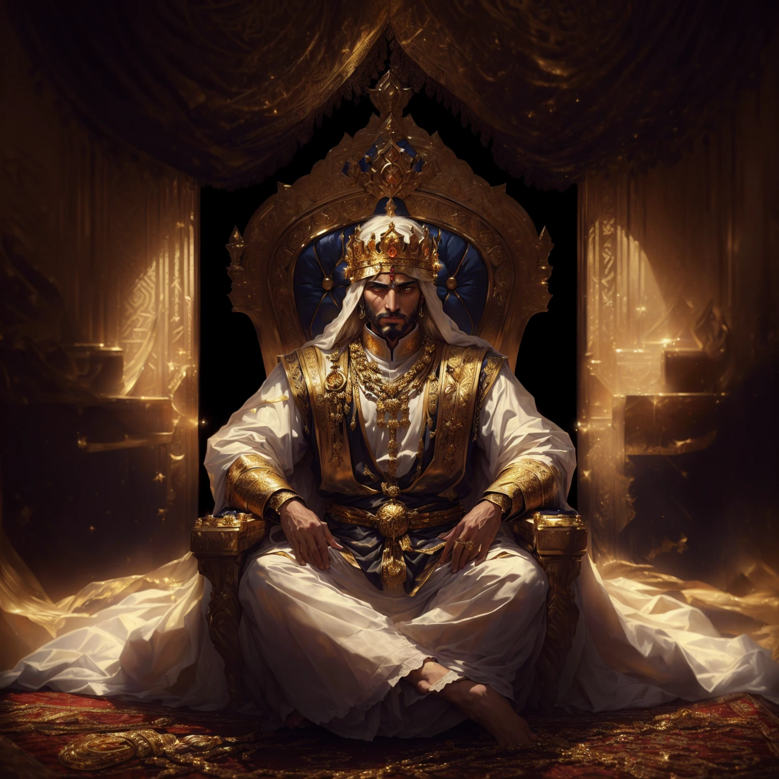 Alafud man sitting on the throne,Wearing a golden crown, portrait of the emperor of mankind, The God-Emperor of Humanity, sitting on a Golden Throne, sitting on Golden Throne, Sitting on his throne, ancient kings in white robes, Sitting on his throne, handsome prince of persia, Golden Throne, sitting in a gilded throne, Portrait of the King