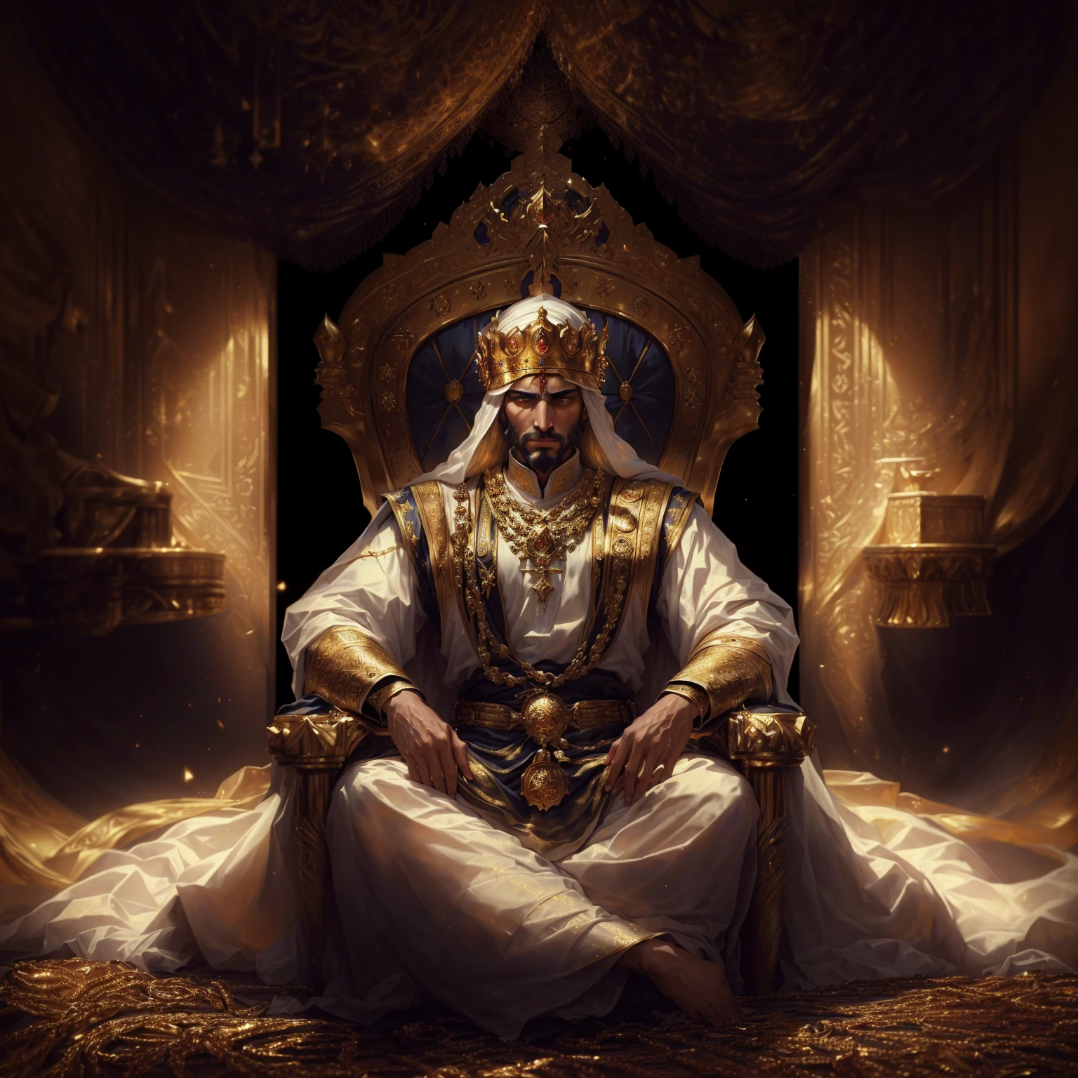 Alafud man sitting on the throne，Wearing a golden crown, portrait of the emperor of mankind, The God-Emperor of Humanity, sitting on a Golden Throne, sitting on Golden Throne, Sitting on his throne, ancient kings in white robes, Sitting on his throne, handsome prince of persia, Golden Throne, sitting in a gilded throne, Portrait of the King