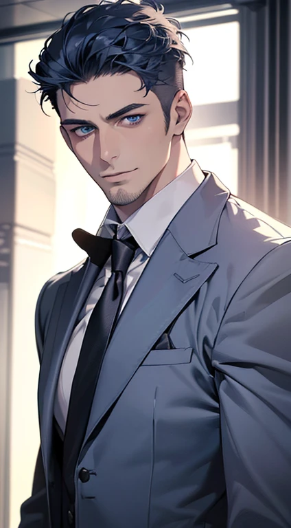 (best quality,4k,8k,highres,masterpiece:1.2),ultra-detailed,(realistic,photorealistic,photo-realistic:1.37),1 man,31 years old,mature man,very handsome,without expression,smile,short blue hair,blue eyes,penetrating gaze,perfect face without errors,imposing posture,businessman,office background,cinematic lighting,hdr image