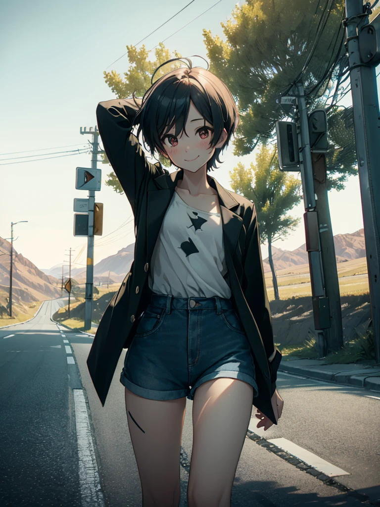 (​masterpiece、top-quality、hight resolution、Unity 8k、extremely details CG:1,Best Picture), flat chest, A girl is hitchhiking. She is standing by the roadside with her bag. The background is a desolate rural landscape, with long stretches of road, few trees and no houses in sight. She raises her arms high, smiles a bashful smile and confidently signals the car to stop, creating a cheeky attitude. It should convey an attempt to stop the car in a secluded and isolated setting. nsfw, Jacket front open. micro shorts, shirt, Waving hello to someone