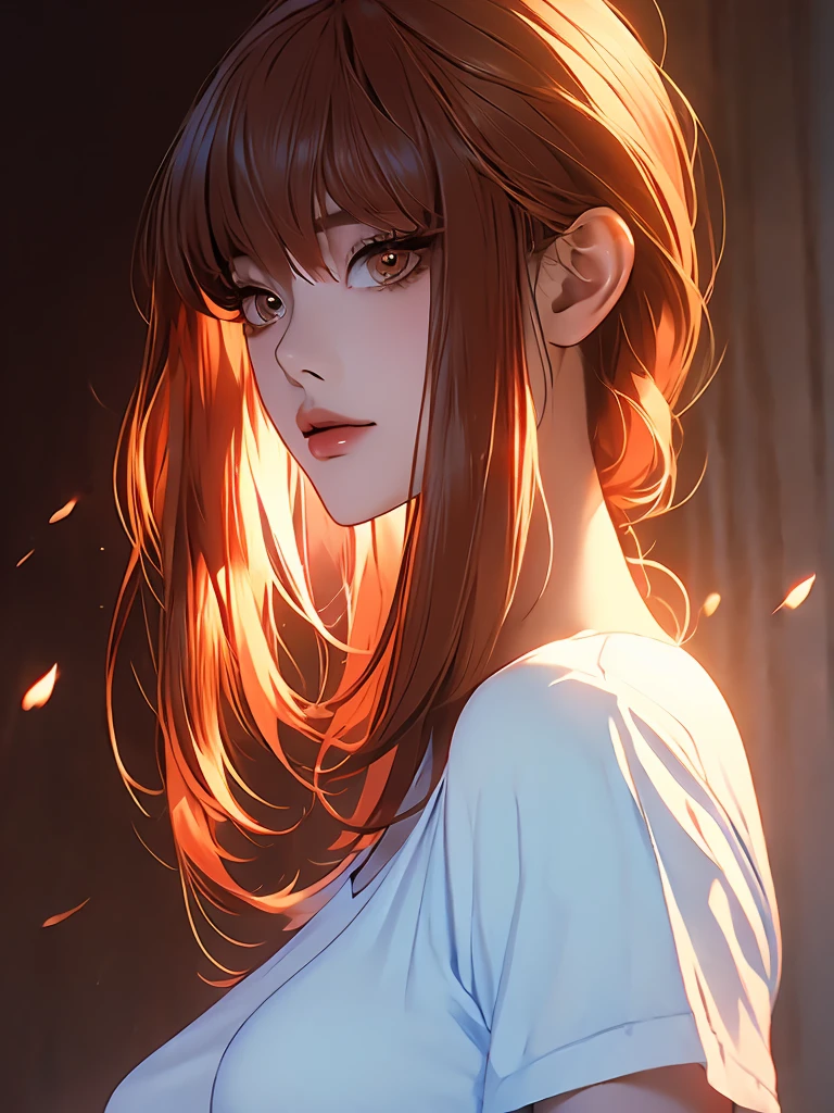 Asian, Beautiful, Slender, Cute, 30s, Beautiful Face, Beautiful Skin, Actress, Mature, Upper Body, Light Brown Hair, Fine Hair, Live Action, Masterpiece, Best Quality, Very Elaborate CG Unity 8K wallpaper, Ultra High Definition, Casual Fashion, Lighting, Summer Fashion, (Natural Brown Hair: 0.8), (Puffy Eyes), Look at Audience, Turn Around, Bleach Hair, Model pose, white background, delicate skin type, light curly hair, hands around mouth, white T-shirt, hair model photo