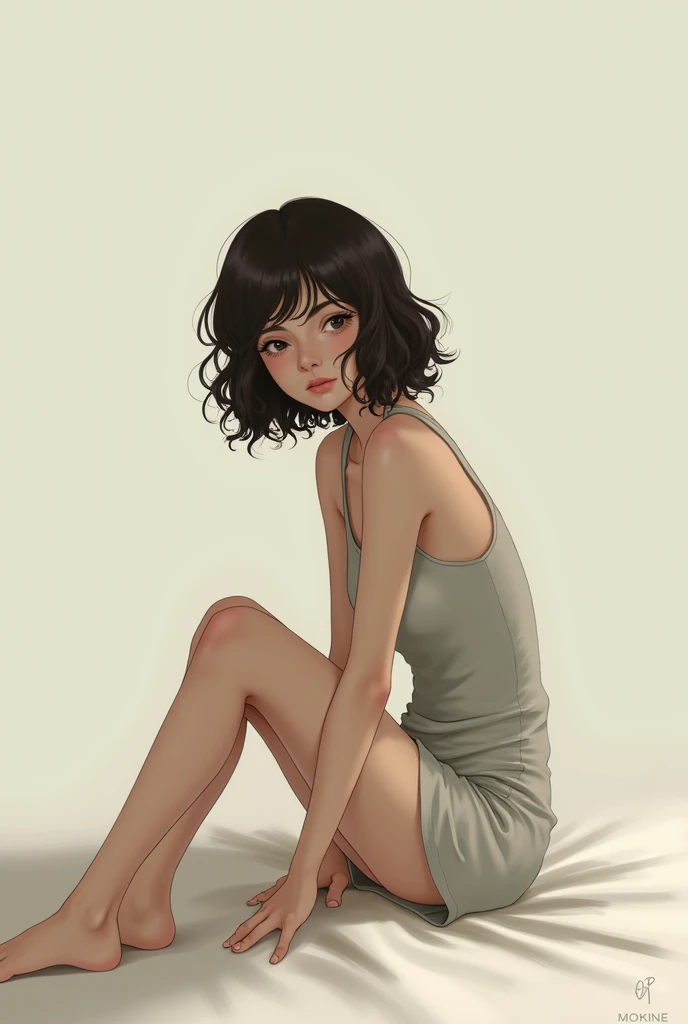 A brunette girl with curly hair and no breasts sits with her legs stretched out,