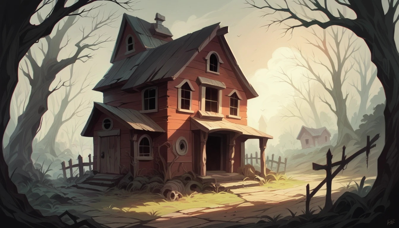 Scary Haunted House, Old House, Wooden house, creepy,texture rough, captured in ultra photorealistic style, 8k resolution, dramatic lighting, cinematic atmosphere