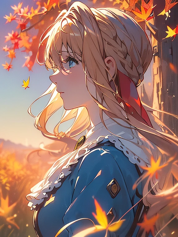 (((Very beautiful autumn scenery:1.3))), (Super detailed face, Highly detailed, Violet Evergarden:1.3), Highly detailed face, Blonde hair, Blue eyes, hair between eye, full body, bow ribbon, Red Ribbon, braid, Hair Ribbon, Blue jacket, Long skirt, Jewelry, Bangs, brooches, anime realism style, White Ascot, autumn leaves, Falling leaves, Withered leaves floating, tree, light leaks, (light particles:1.2, Sparkling landscape), extremely details CG, Perfect beautiful composition, ((masterpiece, best quality, HDR, high resolution))