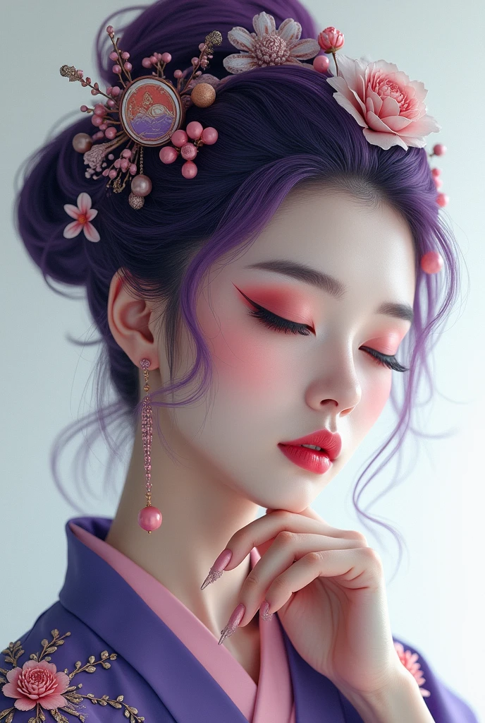 (photorealism:1.2), Oriental art woman, face with closed eyes, Strong art makeup for the face, mysterious hair hairstyle, dyed hair, Color mixed with purple and pink hair, relaxed pose, realistic, intricate details, long nail art, advertisement, white background
