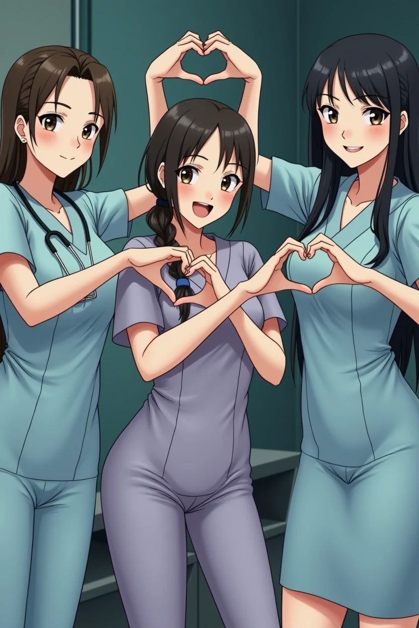 photograph, cowboy shot, three women with hands together making heart shape, smiling beautiful Japanese female nurses wearing nurse uniform, hourglass figure, beautiful detailed face, black hair, pale skin, fair skin, realistic skin, detailed cloth texture, detailed hair texture, Perfect proportion, Anatomically correct, Highly detailed face and skin texture, private modern hospital room, looking at viewer, asian face , perfect anatomy, realistic