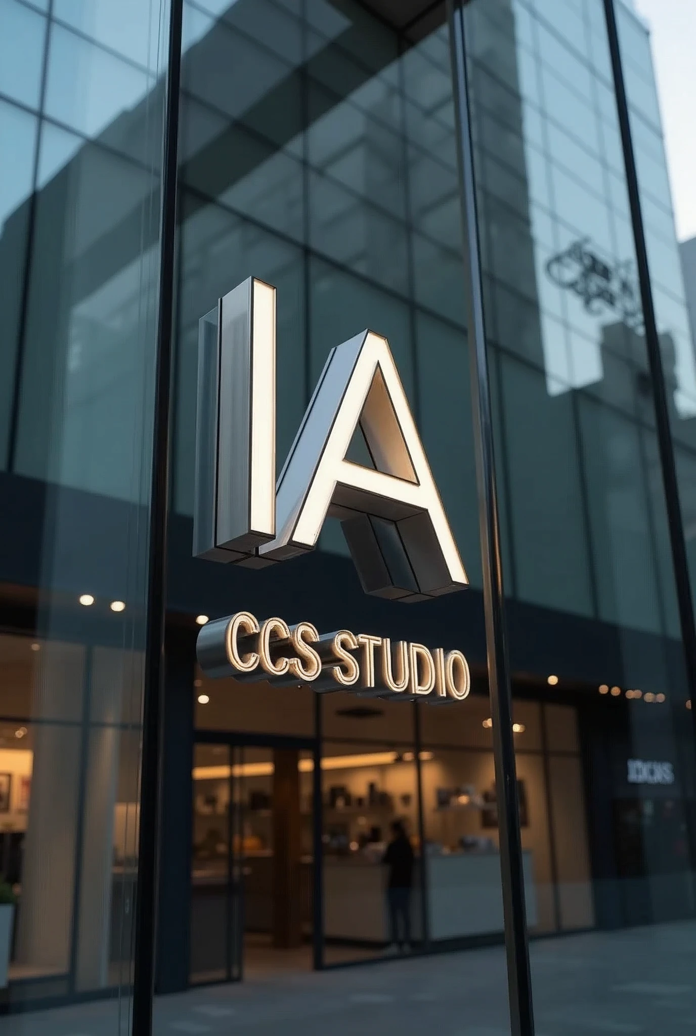 A sleek, modern sign reading "IA CCS STUDIO" outside a glass office building, reminiscent of an Apple store, showcases a minimalist design. The sign features clean lines and a sleek font, embodying a contemporary aesthetic. The image captures the essence of sophistication and innovation, with its polished finish and attention to detail. Each letter is perfectly aligned and spaced, exuding a sense of precision and elegance. The overall composition conveys a sense of professionalism and creativity, hinting at the cutting-edge work happening within the studio.