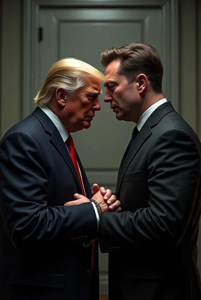 trump crying with handcuffs on and elon musk comforting him