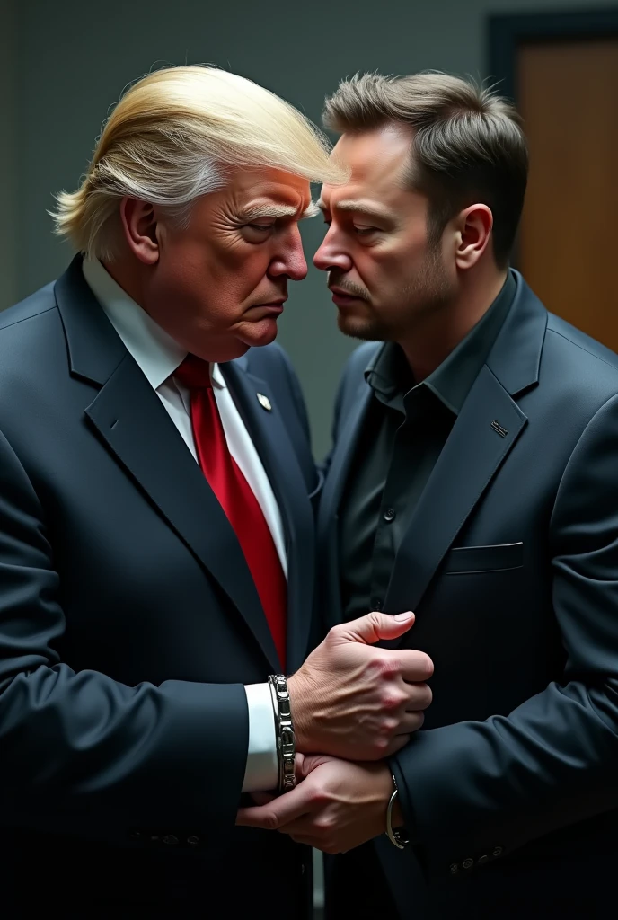 trump crying with handcuffs on and elon musk comforting him