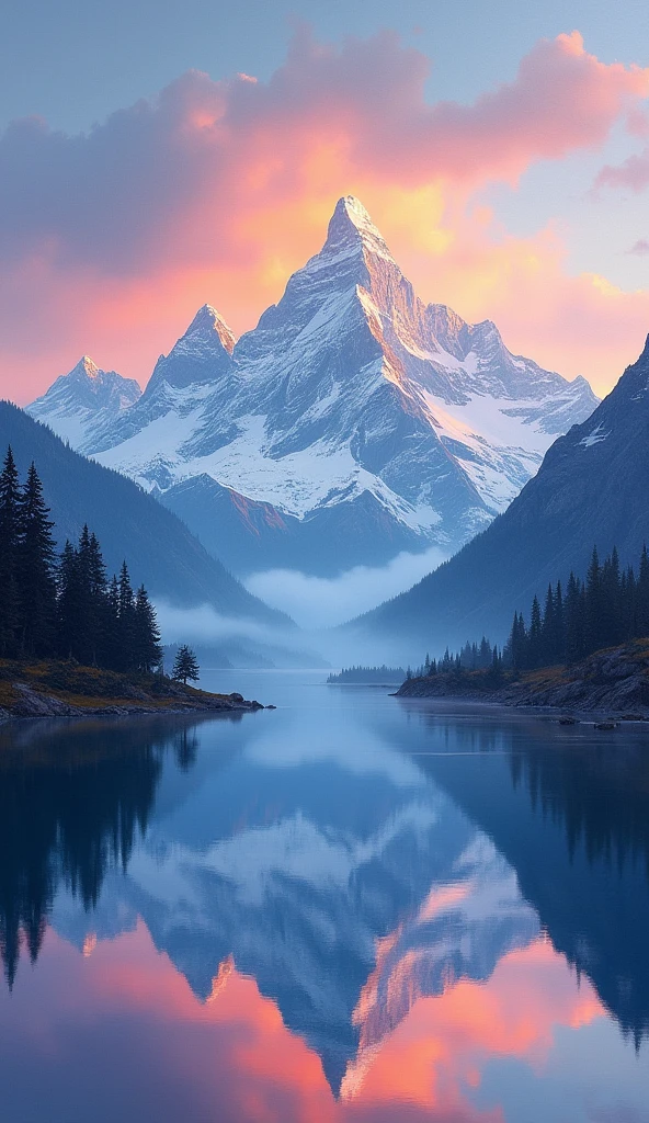 The image is a landscape painting that captures the serene beauty of nature. It depicts a tranquil mountain scene with a body of water reflecting the majestic mountains and the vibrant sky above. The mountains are covered in snow, suggesting a cold climate or a high altitude. The trees around the water's edge appear to be evergreens, which are often found in mountainous regions. The sky is painted with warm colors of red and orange, indicating either sunrise or sunset. This color palette gives the impression of a peaceful end or beginning of the day. The overall composition of the painting, with its detailed depiction of natural elements, evokes a sense of tranquility and awe at the grandeur of nature.