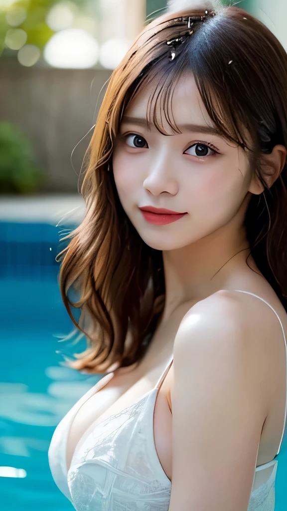 original, (masterpiece), (figure), (Very nice and beautiful), (Perfect detail), (Beautiful and vivid background:1.25), (Depth of written boundary:0.7), Highest quality, shape, Very detailed, High resolution, 8k wallpaper, Ultra detailed face,  Natural Lip , , (The eyelashes on both eyes are equal and beautiful.), looking at the camera, (whole body), Daytime, Pool, smile, Wet Hair