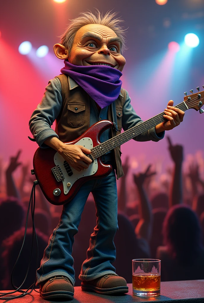 A cigarette made of tobacco with a body and face, attending a rock concert, playing a guitar, wearing a purple bandana, while drinking whiskey