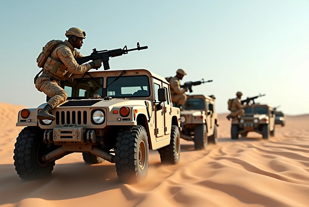 a group of soldiers with machine guns mounted on military vehicles, american army, military truck, military weapons, hummer, multicam, modern military gear, military equipment, us soldiers, military uniform, multicam camouflage, military photography, desert camouflage, (best quality,4k,8k,highres,masterpiece:1.2),ultra-detailed,(realistic,photorealistic,photo-realistic:1.37),HDR,UHD,studio lighting,extreme detail description,professional,vivid colors,concept artists,dramatic lighting,desert environment,