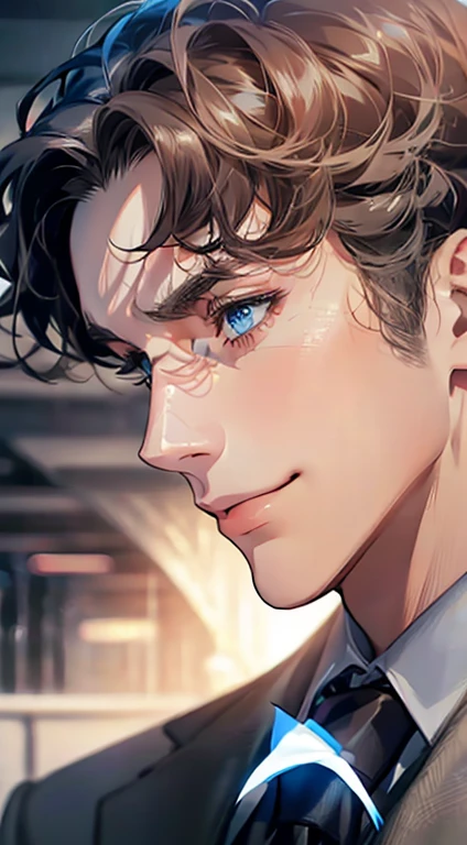 (Highest quality,4K,8K,High resolution,masterpiece:1.2),Super detailed,(Realistic,photoRealistic,photo-Realistic:1.37),1 person,31 years old,Mature Men,Beautiful skin、Profile、very handsome,Expressionless,smile,Short gray dark hair,blue eyes,Sharp Eyes,A perfect face without a doubt,Businessman,Office Background,Cinema Lighting,HDR image,tie、