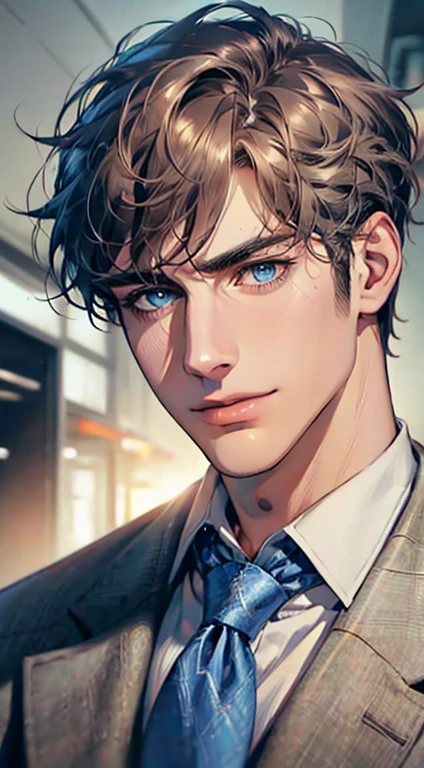 (Highest quality,4K,8K,High resolution,masterpiece:1.2),Super detailed,(Realistic,photoRealistic,photo-Realistic:1.37),1 person,31 years old,Mature Men,Beautiful skin、Profile、very handsome,Expressionless,smile,Short gray dark hair,blue eyes,Sharp Eyes,A perfect face without a doubt,Businessman,Office Background,Cinema Lighting,HDR image,tie、
