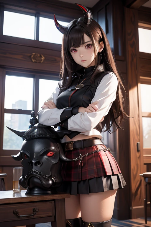 black horn, armor, the library, Red eyes, horn, e.g, skirt, long boots, Brown hair, window, insane, To frown