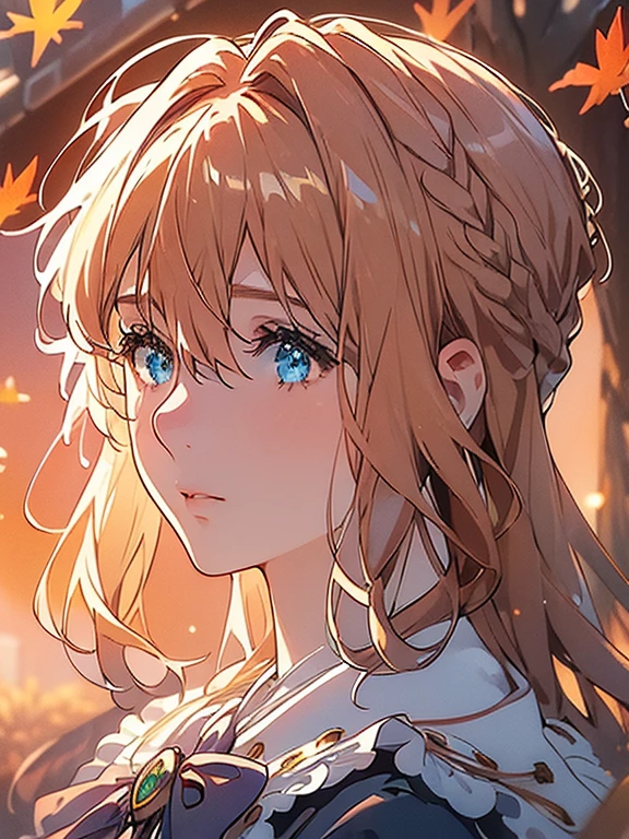 (((Very beautiful autumn scenery:1.3))), (Super detailed face, Highly detailed, Violet Evergarden:1.3), Highly detailed face, Blonde hair, Blue eyes, hair between eye, full body, bow ribbon, Red Ribbon, braid, Hair Ribbon, Blue jacket, Long skirt, Jewelry, Bangs, brooches, anime realism style, White Ascot, autumn leaves, Falling leaves, Withered leaves floating, tree, light leaks, (light particles:1.2, Sparkling landscape), extremely details CG, Perfect beautiful composition, ((masterpiece, best quality, HDR, high resolution))