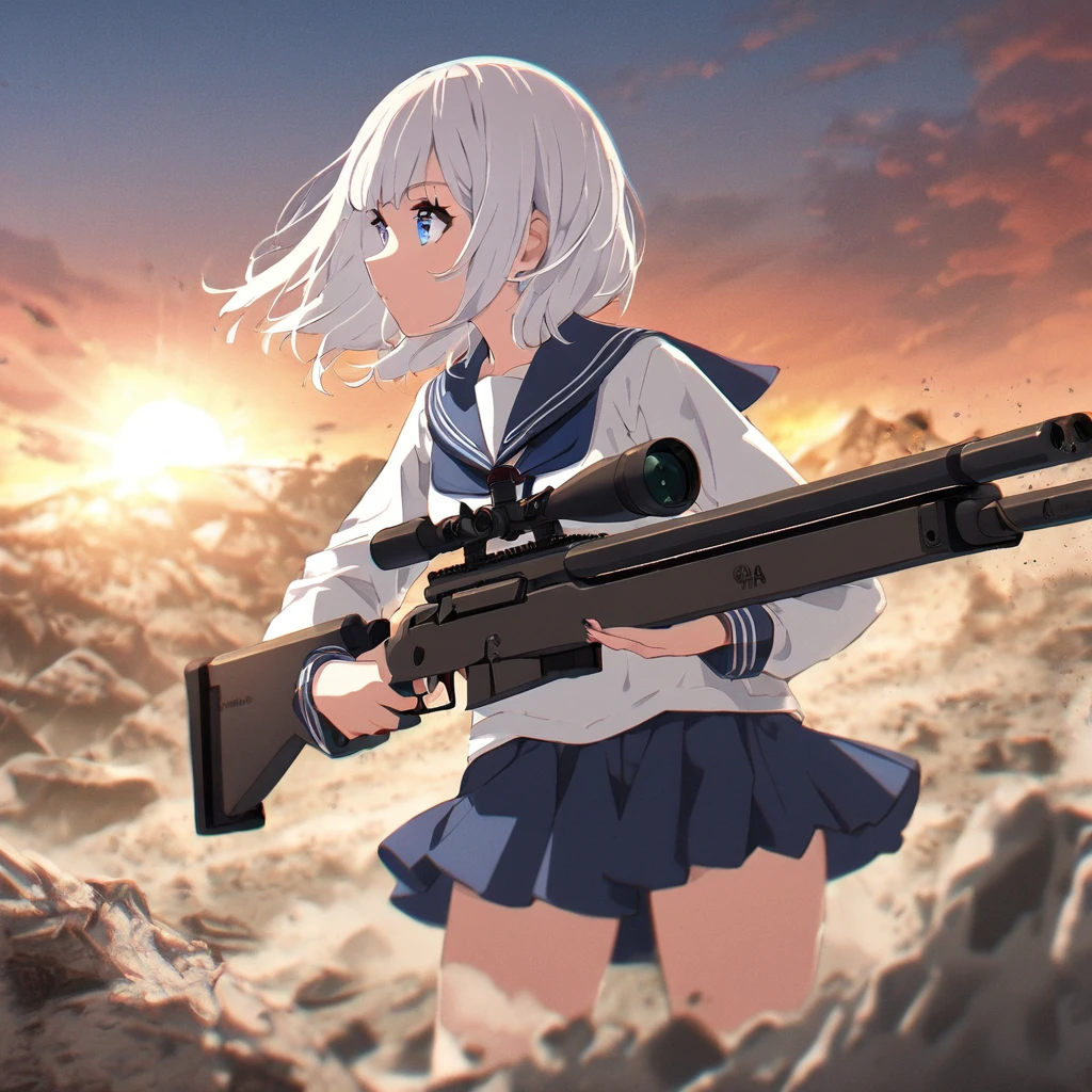 One woman,Sniper,sniper rifle,Barrett M72,A very long barrel. The woman is wearing a sailor uniform.,mini skirt,Blowing in the Wind ((blue eyes,White Hair)) The woman is a survival game avatar,Playing a battle royale,Whole body,Sniping,profile,Filmography,Taking aim, dust swirls.,A little blurry,sunset,sun,wilderness,It's going to be slaughtered