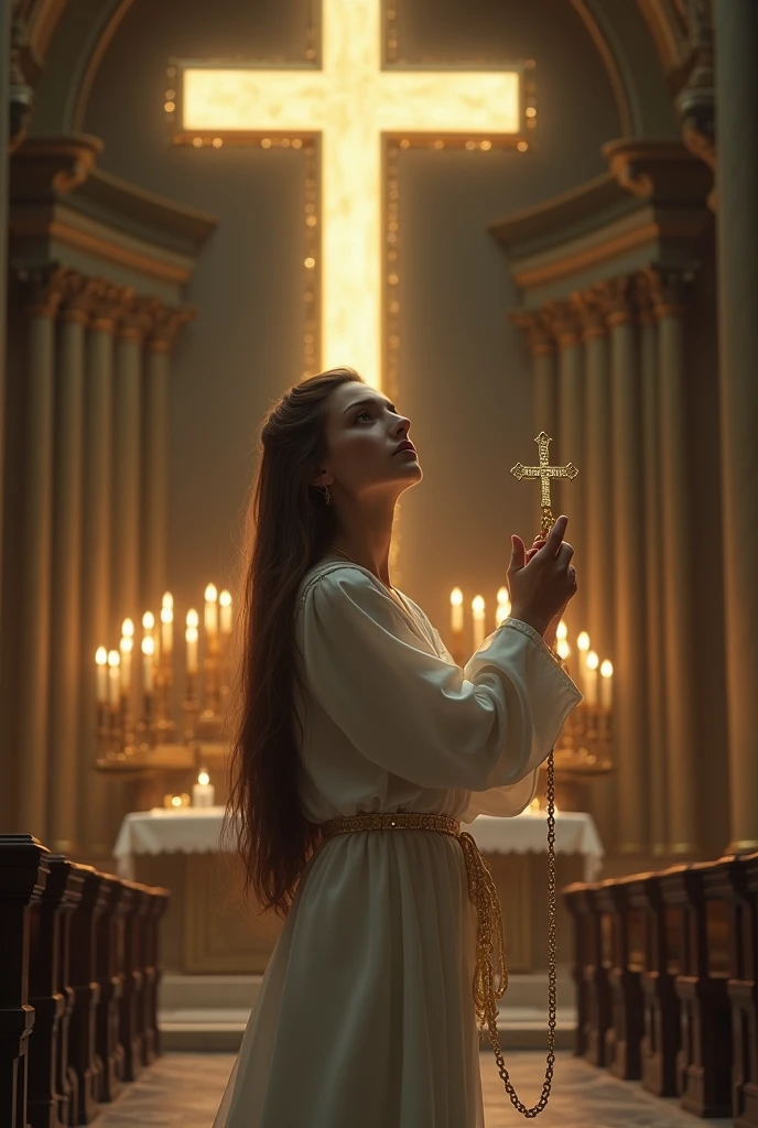 ((best quality)), ((masterpiece)), (detailed), airbrushed dream paiting style, beautiful european girl,nun, like a dream, dark eyes, very long straight ironed light brown hair combed back, holding gold chain with cross, praying, nice church, big glowing cross, altar, candle, night, table ,