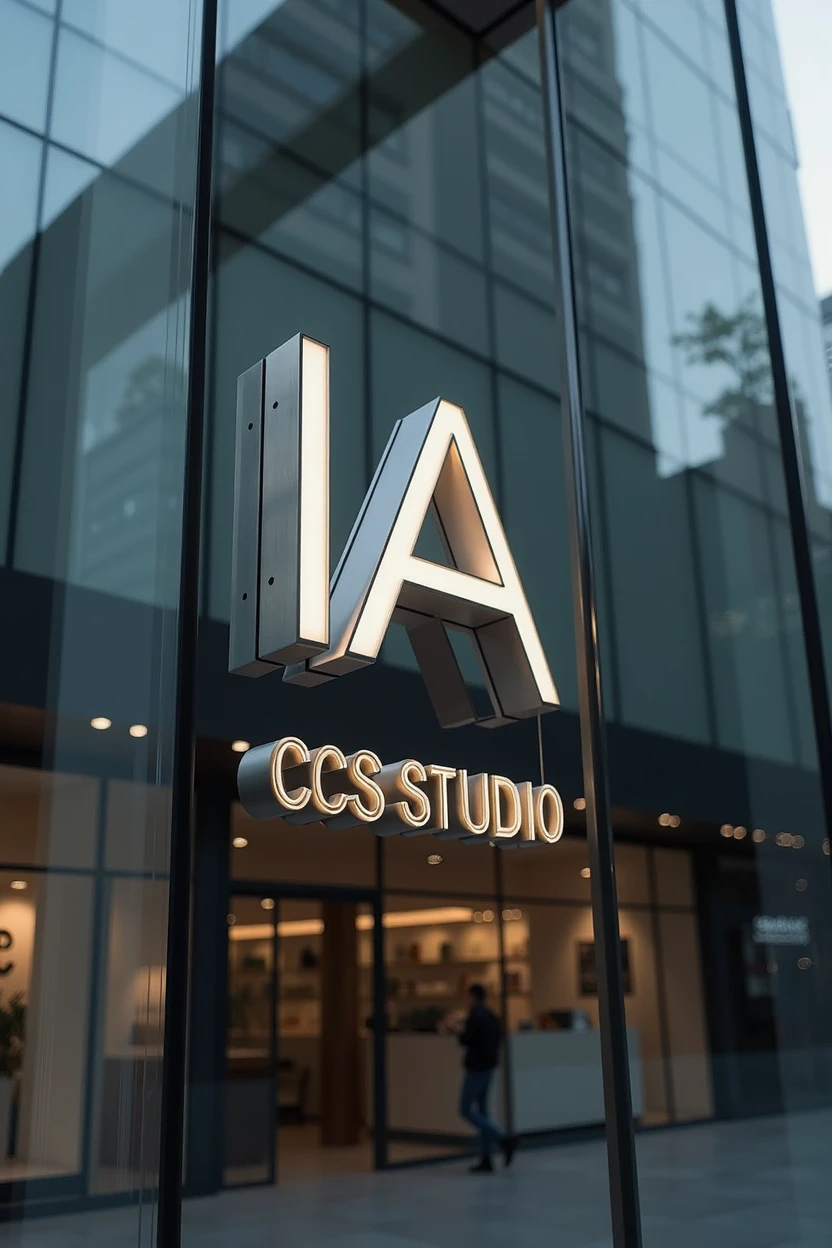 A sleek, modern sign reading "IA CCS STUDIO" outside a glass office building, reminiscent of an Apple store, showcases a minimalist design. The sign features clean lines and a sleek font, embodying a contemporary aesthetic. The image captures the essence of sophistication and innovation, with its polished finish and attention to detail. Each letter is perfectly aligned and spaced, exuding a sense of precision and elegance. The overall composition conveys a sense of professionalism and creativity, hinting at the cutting-edge work happening within the studio.
