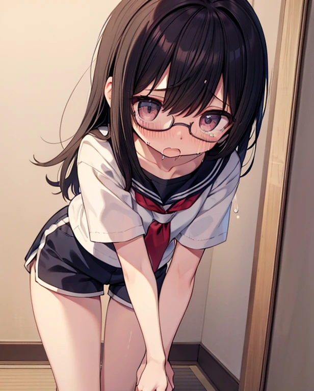 Back alley, one female  high schoolurbation, half naked, shirt, black hair in a ponytail, squatting, glasses, legs spread, convulsions, wet crotch、Love juice, climax, legs shaking  