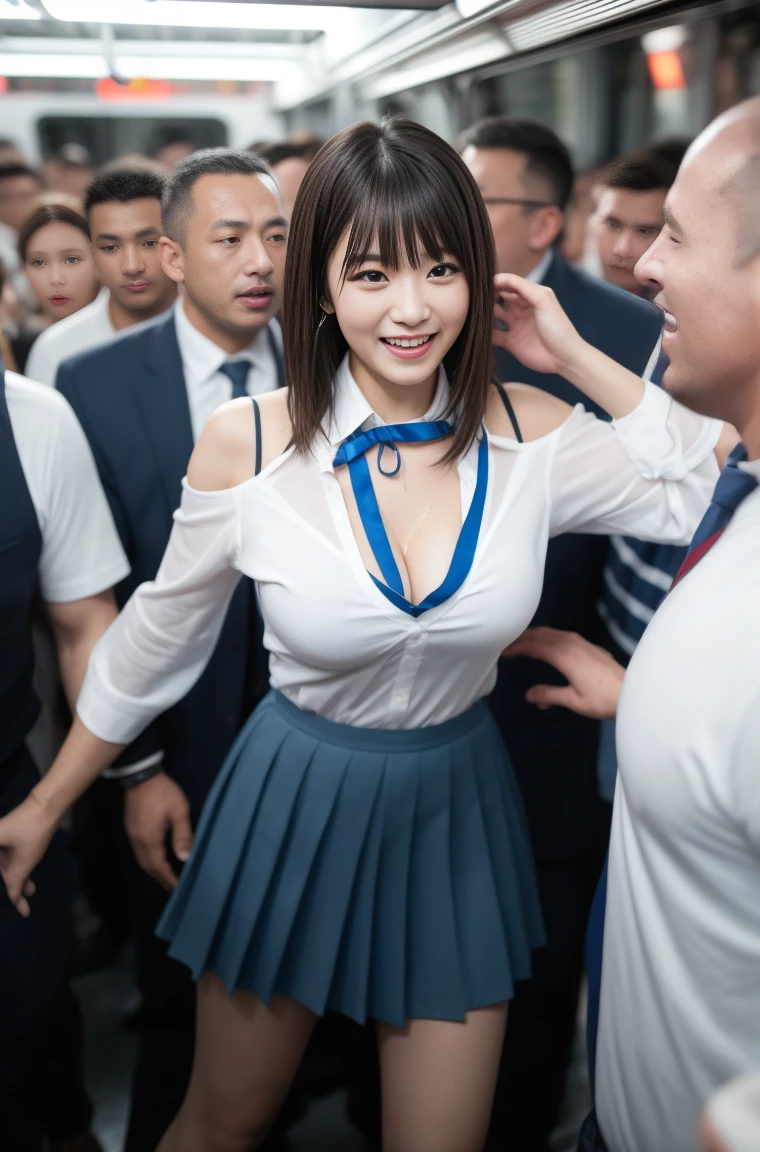 (molestation:1.8) japanese woman, huge breasts:1.5, (cleavage white halfsleeve shirt,darkblue neckribbon,pleated short skirt, darkbrown shoulder length hair,bangs,ear:1.2),Chest grab, in the train, grab your butt, Multiple men around her grab her breasts, Chest grab, multiple hands, masterpiece, highest quality, very detailed, molestation, crowd of men, crowd surfing, very realistic face, very realistic eyes, crowd of men around her, the person who grabs her body, I squeezed my chest, molestation, masterpiece, highest quality, very detailed, 1 girl, multiple hands, Grab your ass with the crazy crowd, Chest grab, the men around her, squeezed body, Many people grab their chests, Be beaten, pulling on clothes, very wet and sweaty, grab clothes, (There are no women in the crowd:1.5), man with necktie, smile