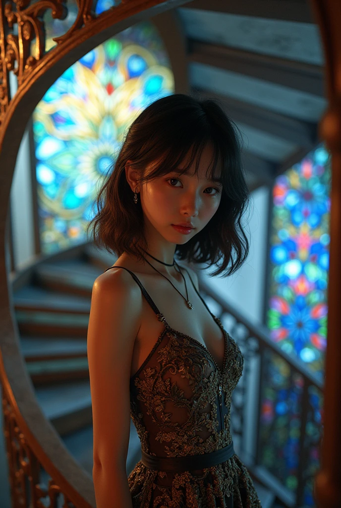 Masterpiece 32K RAW photo with best quality, ultra-detailed and insanely intricate. A dynamic angle captures a mysterious scene with spiral theme, featuring an 18-year-old beautiful Japanese girl with fair skin, kawaii features. She has brown, big eyes, casual wavy medium hair, detailed skin, and wears a detailed dress with intricate fabric, a necklace, and earrings. She looks with her arm up, standing near a spiral staircase surrounded by walls made of stained glass.