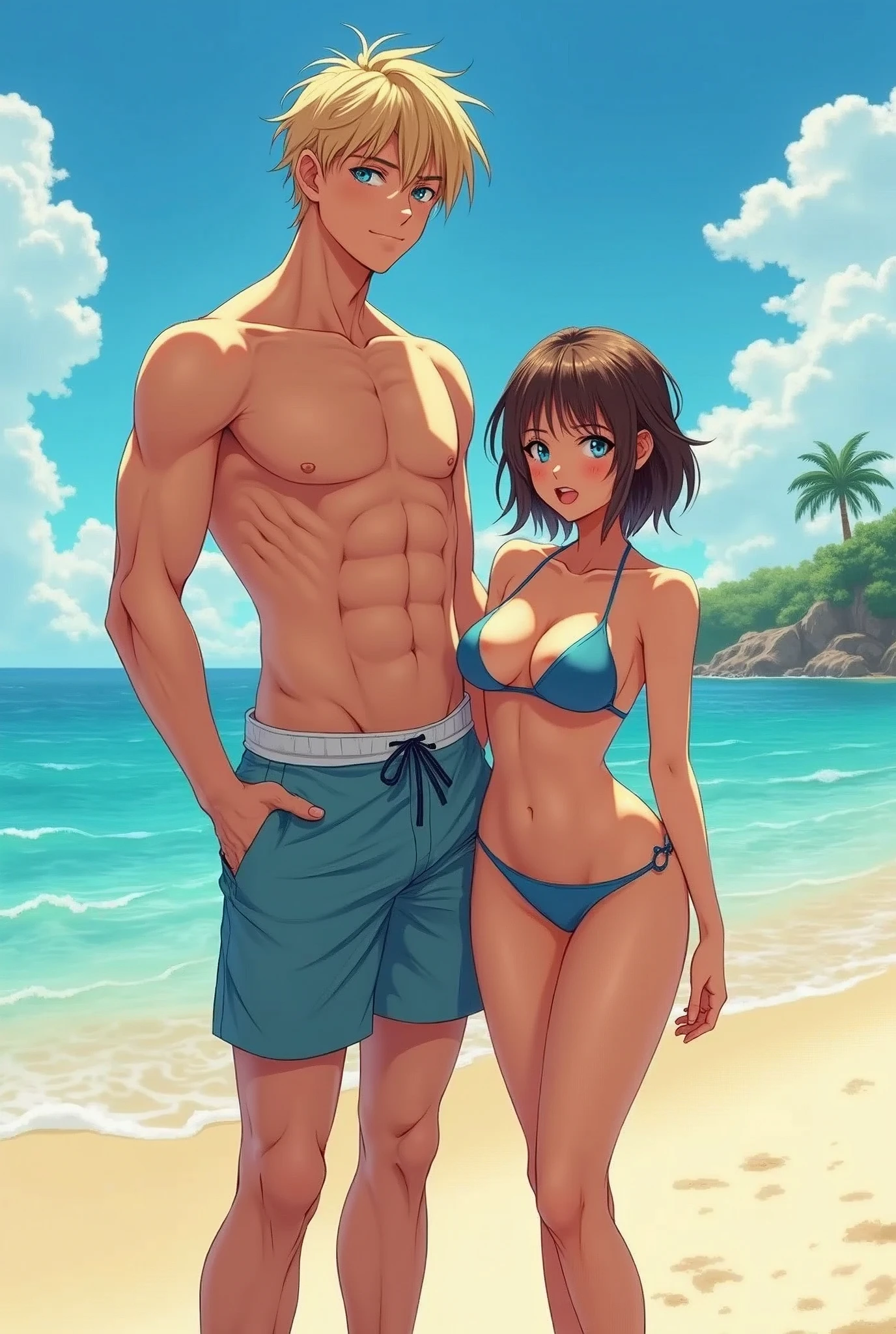 detailed anime style, young couple, (1 guy 1 girl), standing next to each other at the beach, (extreme height difference), (size difference); boyfriend: (tall), wide shoulders, younger, swim trunks, blonde hair, blue eyes, hot, cute, muscular; girlfriend: slim, bikini, (huge boobs), (((huge ass))), (short), hot, brunette, thic
