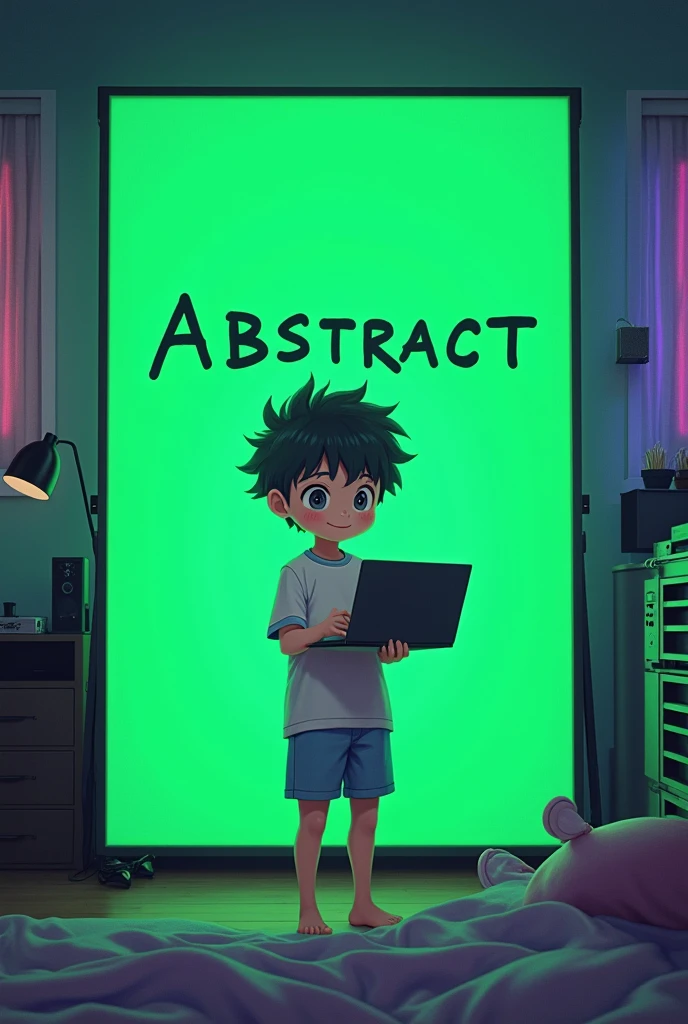 cute anime boy waking up in his gaming room holding a pc writing ABSTRACT on a green screen