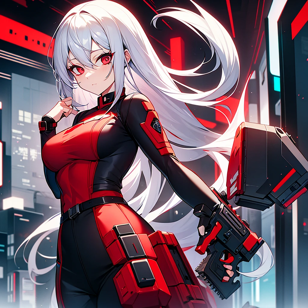 Super Girl,white hair,red eyes,Holding a red shotgun with black patterns,cyberpunk,