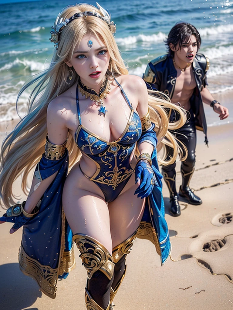 (((masterpiece, best quality))), (((high quality))), (((high resolution illustration))), (((hyper detail))),NSFW, (((Wordsworth's Sharon))),(((Very beautiful long blonde hair))), (((Very beautiful face))), ((((Detailed face)))),(((very beautiful blue eyes))),(((Realistic Skin))),(((her face is flushed))),(((slim body))),(((slim thighs))),(((small breasts))),(((very beautiful slender legs))),(((gold and blue and black and white armor with extremely detailed and intricate decoration))),(((beautiful earrings))),(((beautiful hair ornaments))),(((in the sea at the very beautiful beach))),(((wet her skin))),(((1girl))),(((1boy))),(((very angry))),(((a girl is walking with a boy ))),