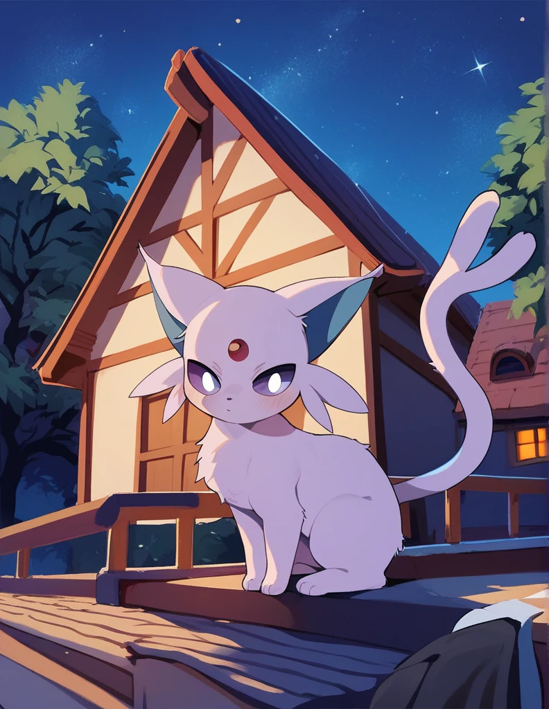 dagasi, Fur on the body, account_9, account_8_verh, account_7_verh, account_6_verh, source_anime, Espeon purple sclera, white eyes, Sitting on the roof of the house, admiring the starry sky, night time