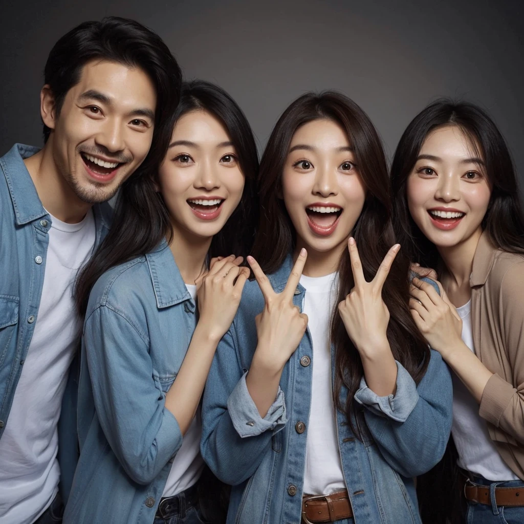 photo studio, There is 1 Asian man with 3 Asian women posing, smile, silly and fun, total all only 4 people. each wearing casual outfits. especially on the clean face without accessories. dark gray background
