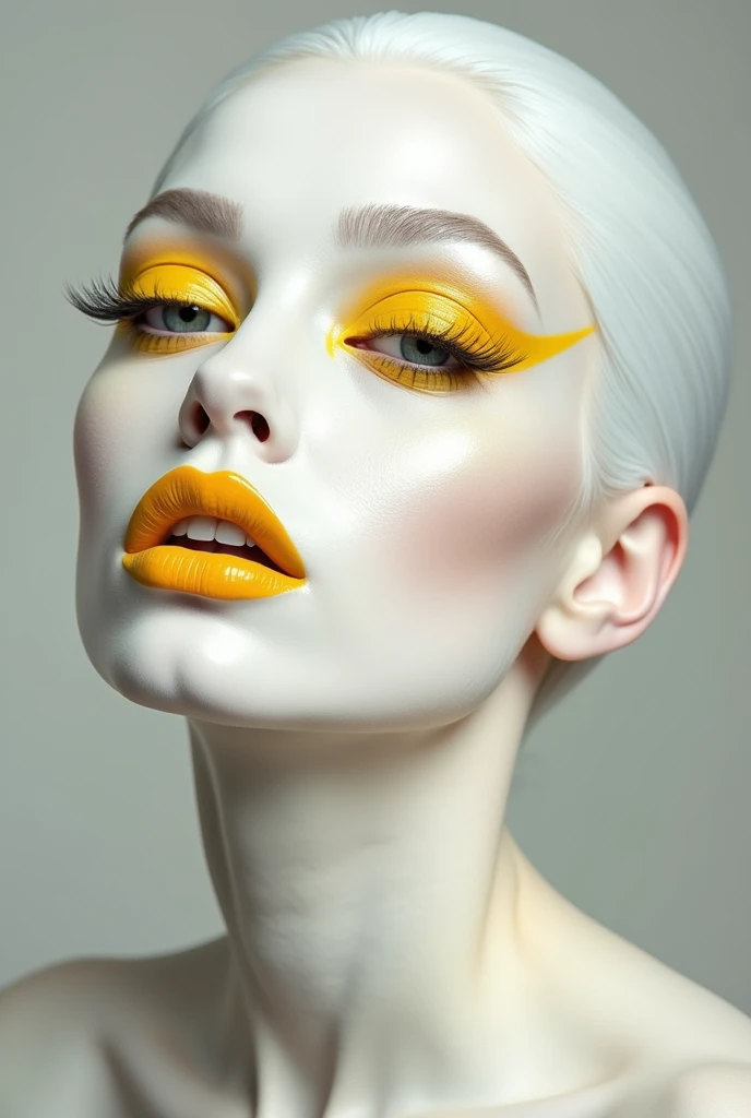 Crie uma Make de drag queen, make it in shades of white, with yellow tips in the concave, a light-toned yellow shadow, make it look wet