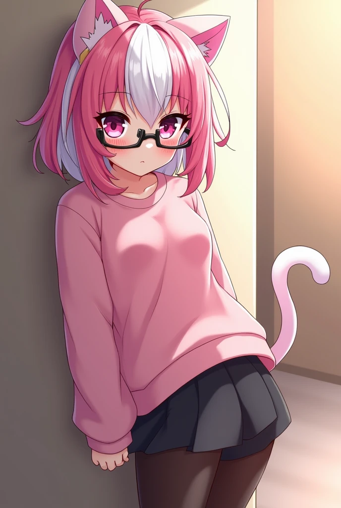 I have pink white hair, cat ears, a bow, My face is super blushing, black glasses, pink heart eyes, a big pink sweatshirt, a skirt under her skirt a black short, black stockings, White shoes, a cat's tail, A very shy girl I'm hitting you against a wall grabbing her butt