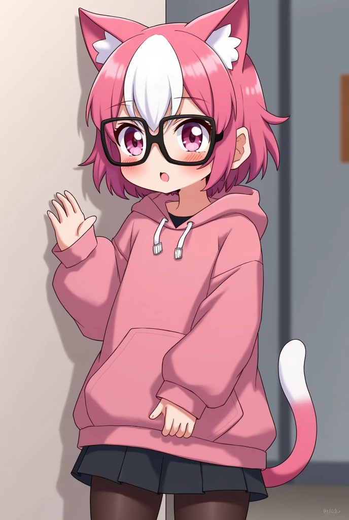 I have pink white hair, cat ears, a bow, My face is super blushing, black glasses, pink heart eyes, a big pink sweatshirt, a skirt under her skirt a black short, black stockings, White shoes, a cat's tail, A very shy girl I'm hitting you against a wall grabbing her butt