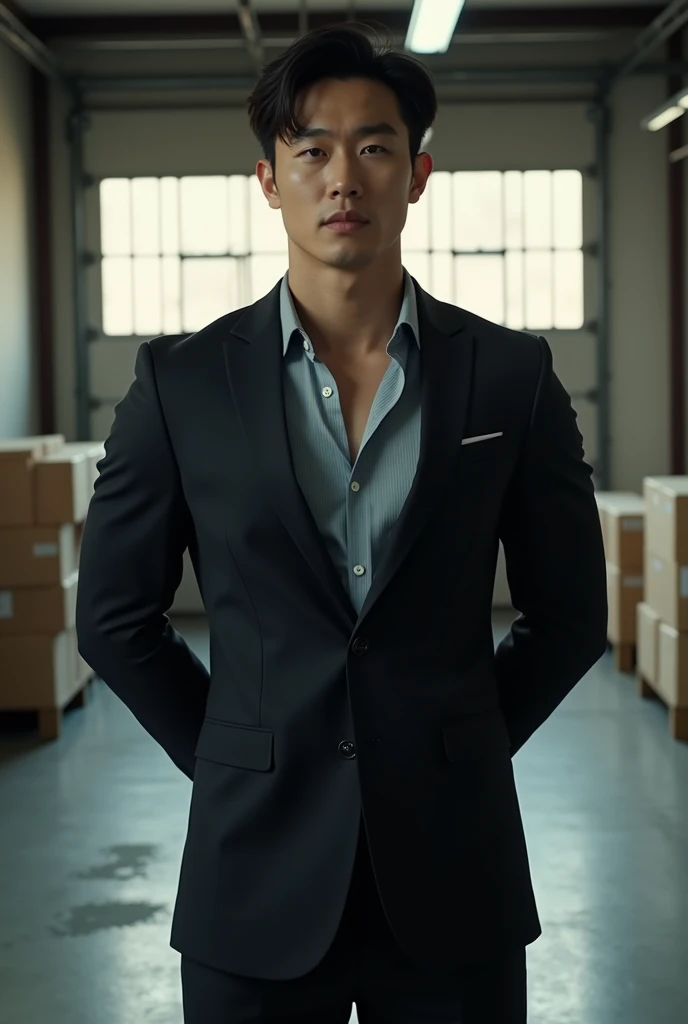 1 handsome Korean guy,27 years old,Corporate executives,Who is Shi Yu?, Li Yuanbin, Kim Hyung Tae, Kim Hyung Tae,,Kim Hyung Tae, Yin Shishan, Handsome athletic guy,Broad shoulders and narrow waist,Dress shirts and ties,Handsome and elegant, sexy masculine,A handsome guy wearing a black and gray suit, wearing shirt,The neckline is slightly open, Form-fitting fabric contours the bust,in a remote warehouse,hands tied behind back。hands tied behind back,Masculine and handsome,High,Muscles look good,hairy body,Wheat complexion,black eyes(thin eyes 1:3),whole body image