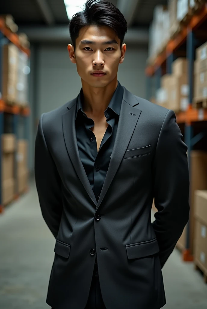 1 handsome Korean guy,27 years old,Corporate executives,Who is Shi Yu?, Li Yuanbin, Kim Hyung Tae, Kim Hyung Tae,,Kim Hyung Tae, Yin Shishan, Handsome athletic guy,Broad shoulders and narrow waist,Dress shirts and ties,Handsome and elegant, sexy masculine,A handsome guy wearing a black and gray suit, wearing shirt,The neckline is slightly open, Form-fitting fabric contours the bust,in a remote warehouse,hands tied behind back。hands tied behind back,Masculine and handsome,High,Muscles look good,hairy body,Wheat complexion,black eyes(thin eyes 1:3),whole body image