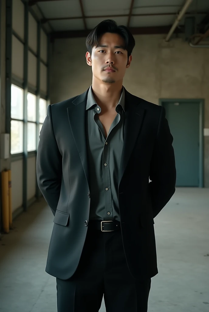 1 handsome Korean guy,27 years old,Corporate executives,Who is Shi Yu?, Li Yuanbin, Kim Hyung Tae, Kim Hyung Tae,,Kim Hyung Tae, Yin Shishan, Handsome athletic guy,Broad shoulders and narrow waist,Dress shirts and ties,Handsome and elegant, sexy masculine,A handsome guy wearing a black and gray suit, wearing shirt,The neckline is slightly open, Form-fitting fabric contours the bust,in a remote warehouse,hands tied behind back。hands tied behind back,Masculine and handsome,High,Muscles look good,hairy body,Wheat complexion,black eyes(thin eyes 1:3),whole body image