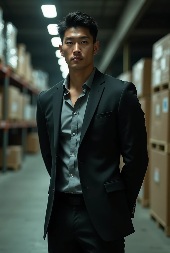 1 handsome Korean guy,27 years old,Corporate executives,Who is Shi Yu?, Li Yuanbin, Kim Hyung Tae, Kim Hyung Tae,,Kim Hyung Tae, Yin Shishan, Handsome athletic guy,Broad shoulders and narrow waist,Dress shirts and ties,Handsome and elegant, sexy masculine,A handsome guy wearing a black and gray suit, wearing shirt,The neckline is slightly open, Form-fitting fabric contours the bust,in a remote warehouse,hands tied behind back。hands tied behind back,Masculine and handsome,High,Muscles look good,hairy body,Wheat complexion,black eyes(thin eyes 1:3),whole body image