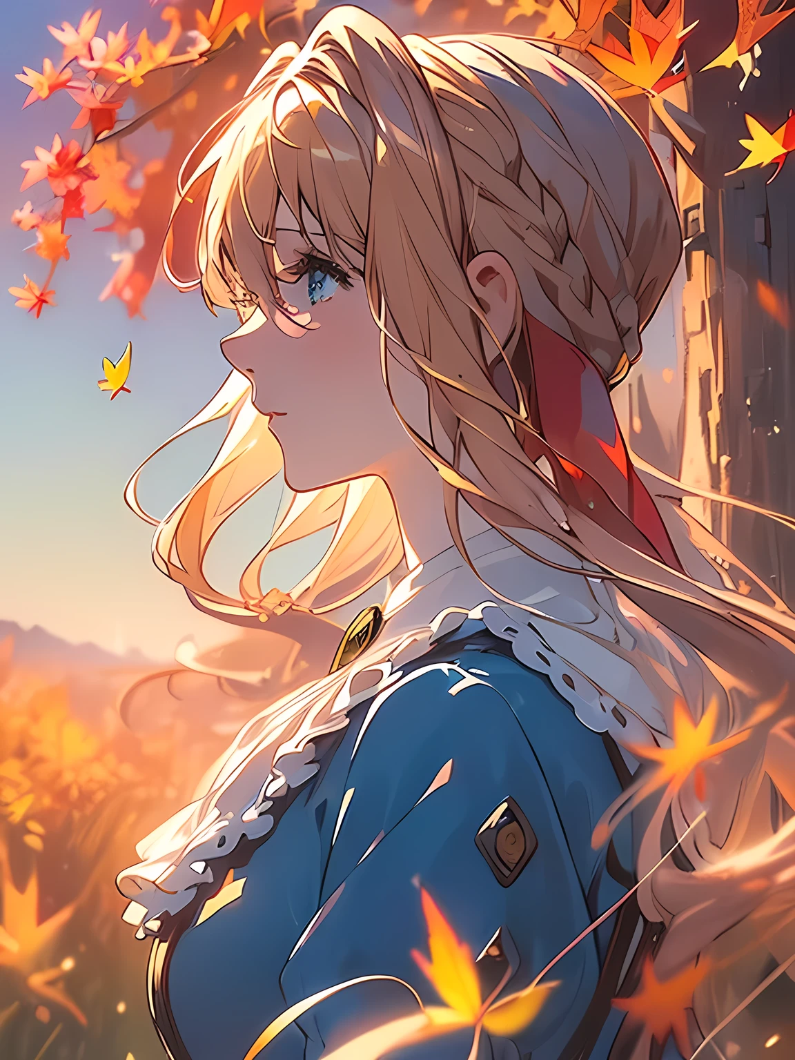(((Very beautiful autumn scenery:1.3))), (Super detailed face, Highly detailed, Violet Evergarden:1.3), Highly detailed face, Blonde hair, Blue eyes, hair between eye, full body, bow ribbon, Red Ribbon, braid, Hair Ribbon, Blue jacket, Long skirt, Jewelry, Bangs, brooches, anime realism style, White Ascot, autumn leaves, Falling leaves, Withered leaves floating, tree, light leaks, (light particles:1.2, Sparkling landscape), extremely details CG, Perfect beautiful composition, ((masterpiece, best quality, HDR, high resolution))